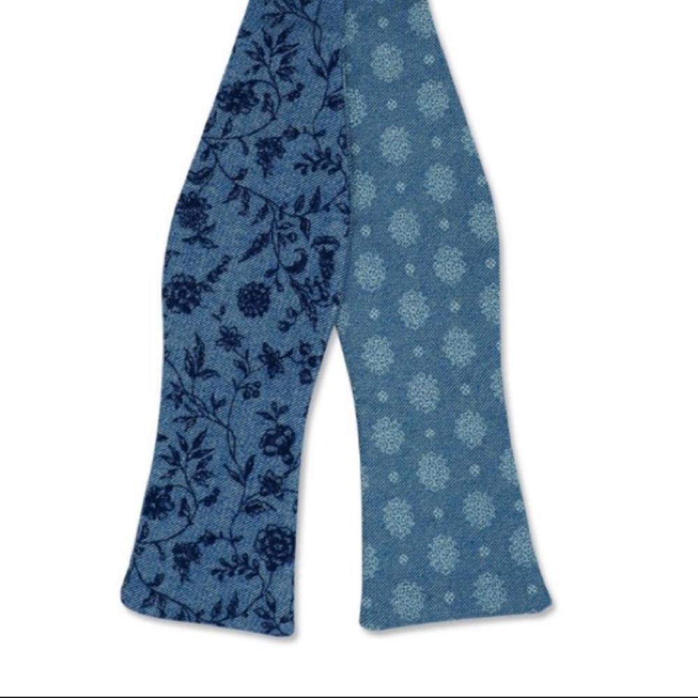 ZB Savoy Floral Sapphire Blue Chambray Denim Bow Tie - Picture 3 of 8